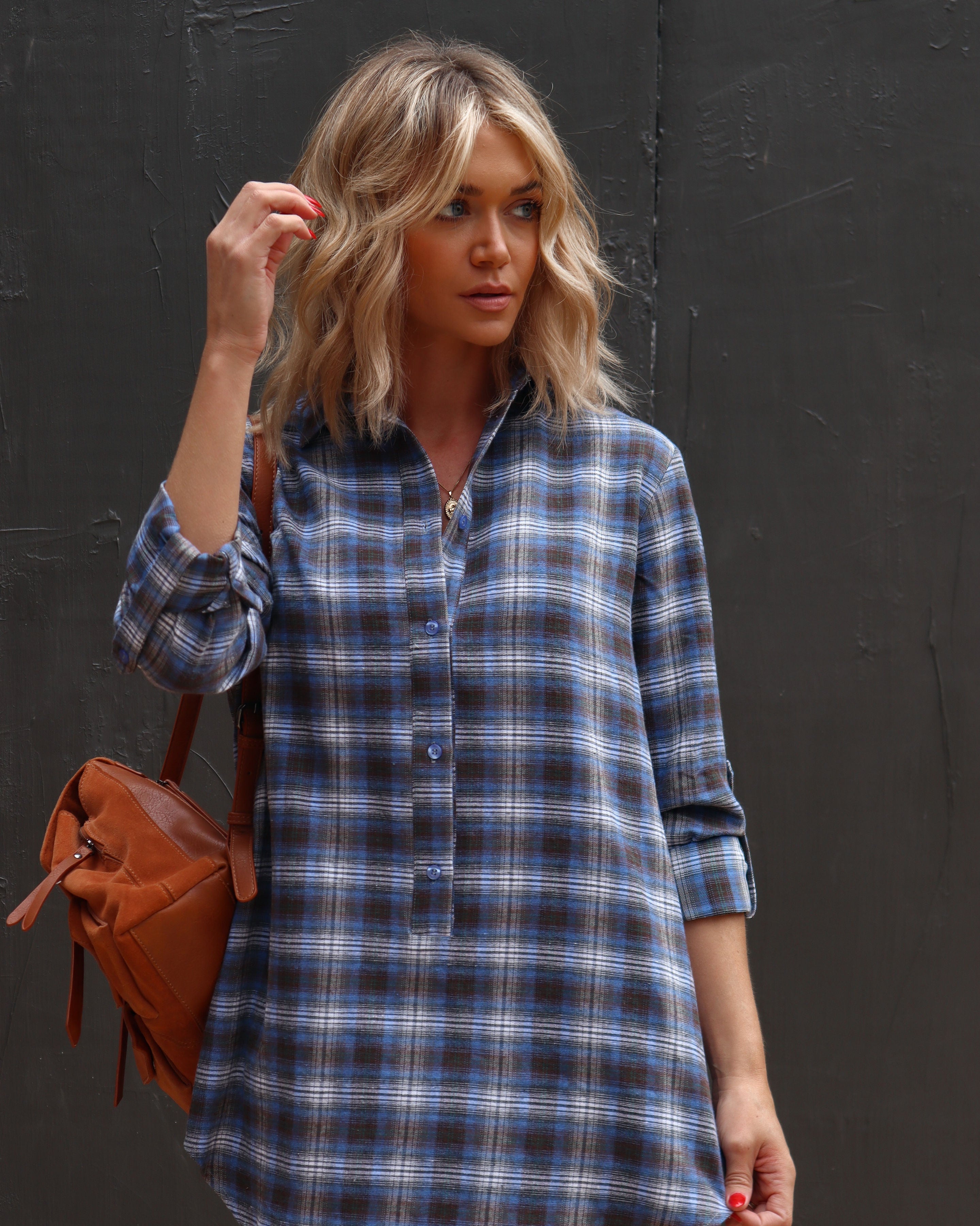 Averie Plaid Pocketed Shirt Dress - Blue