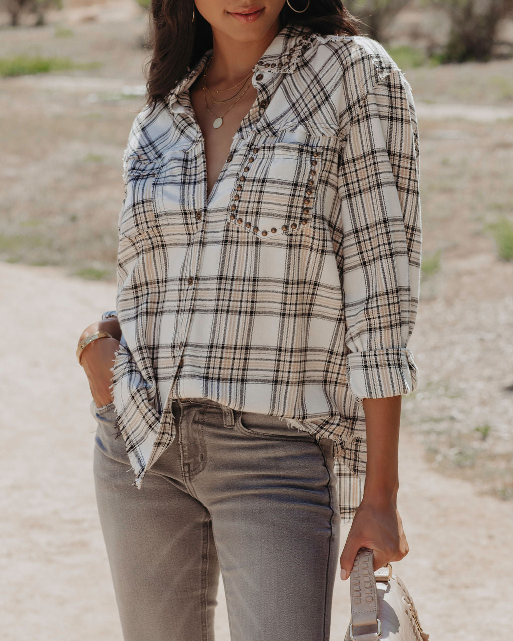 Nicolas Cotton Plaid Studded Button Down Top - SALE