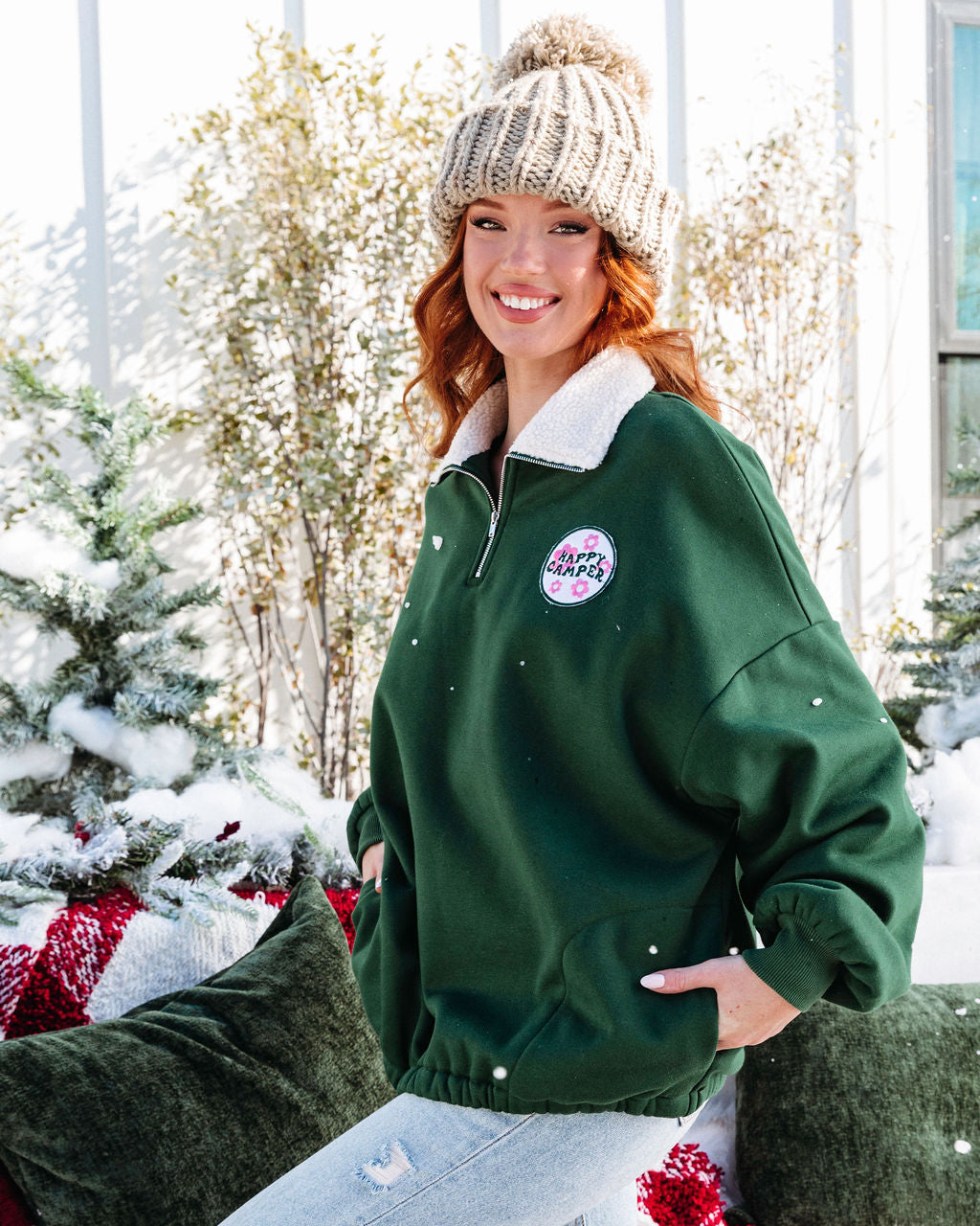 Happy Camper Half Zip Sherpa Trim Pocketed Pullover Sweater - Pine