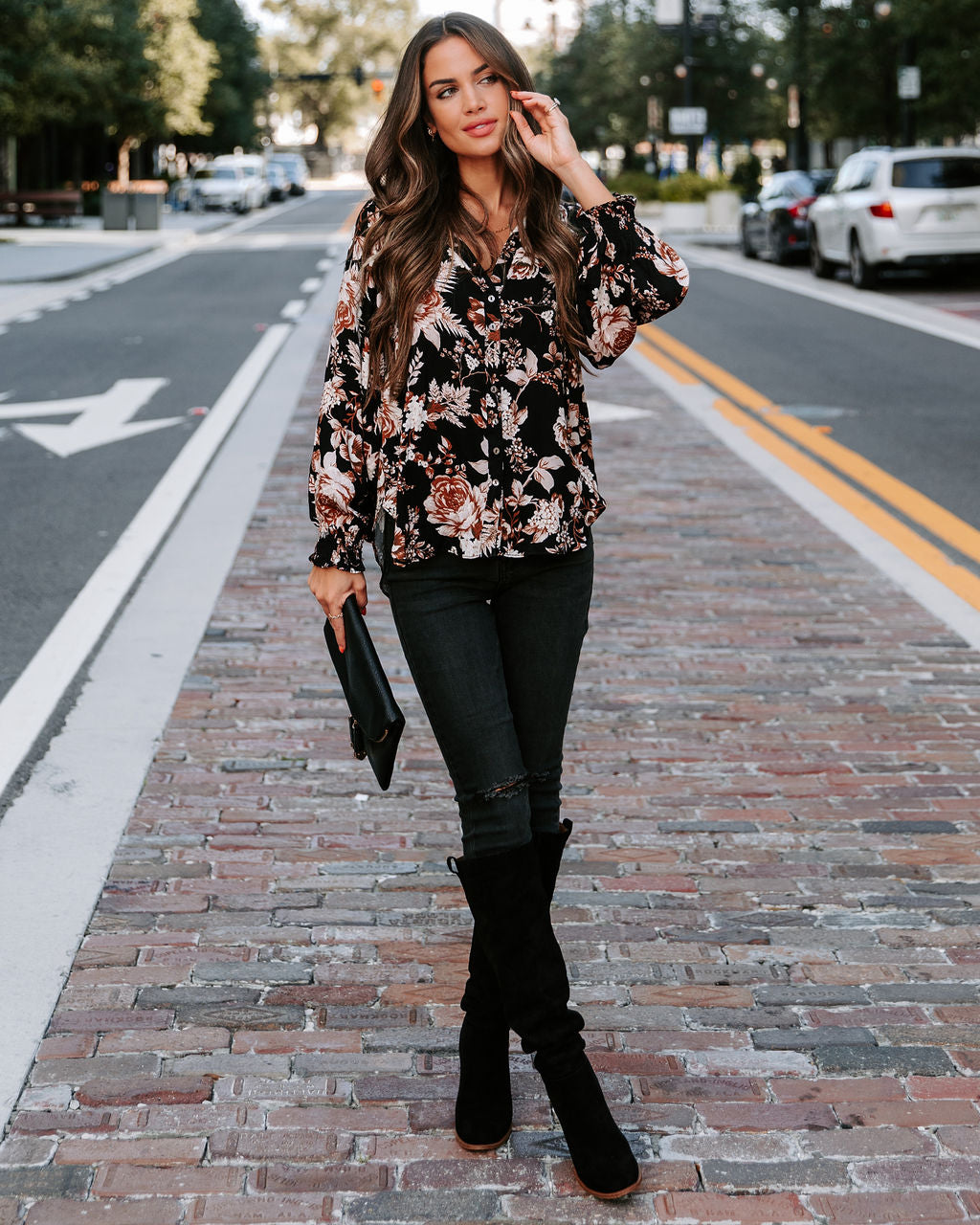 Crisp Fall Bloom Front Tie Button Down Top