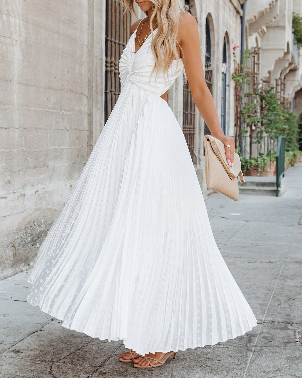 Marilynn Pleated Polka Dot Maxi Dress - White - FINAL SALE