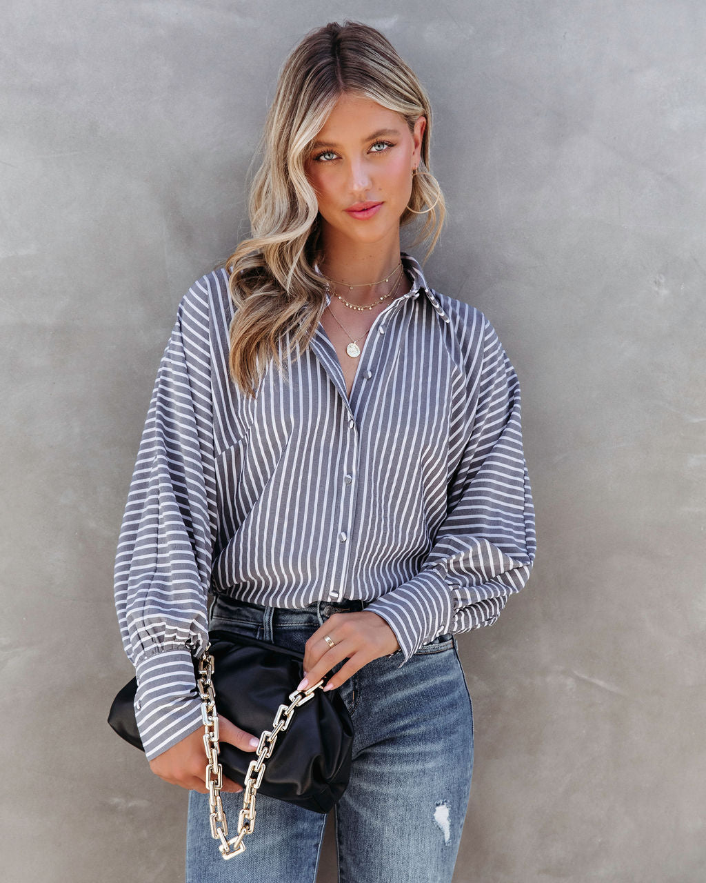 Classic Moment Striped Button Down Top - Charcoal