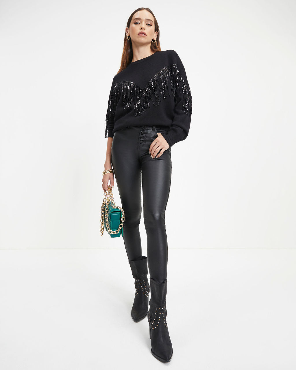 Western Glam Knit Fringe Sequin Pullover Sweater - Black