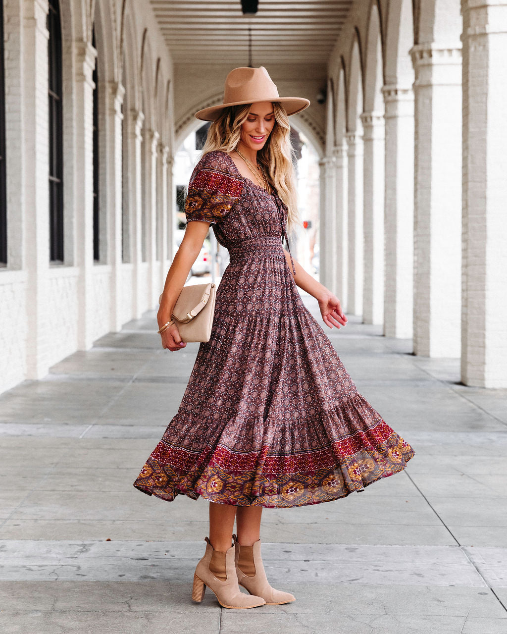 Harvest Moon Printed Tiered Puff Sleeve Midi Dress