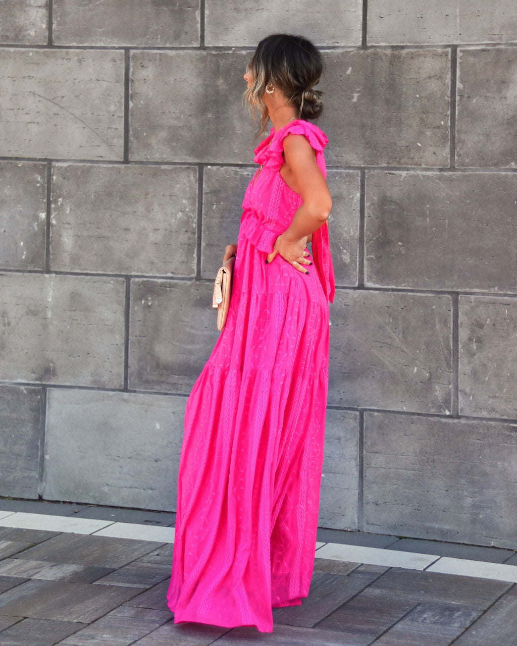 Debbie Embroidered Ruffle Maxi Dress - Fuchsia