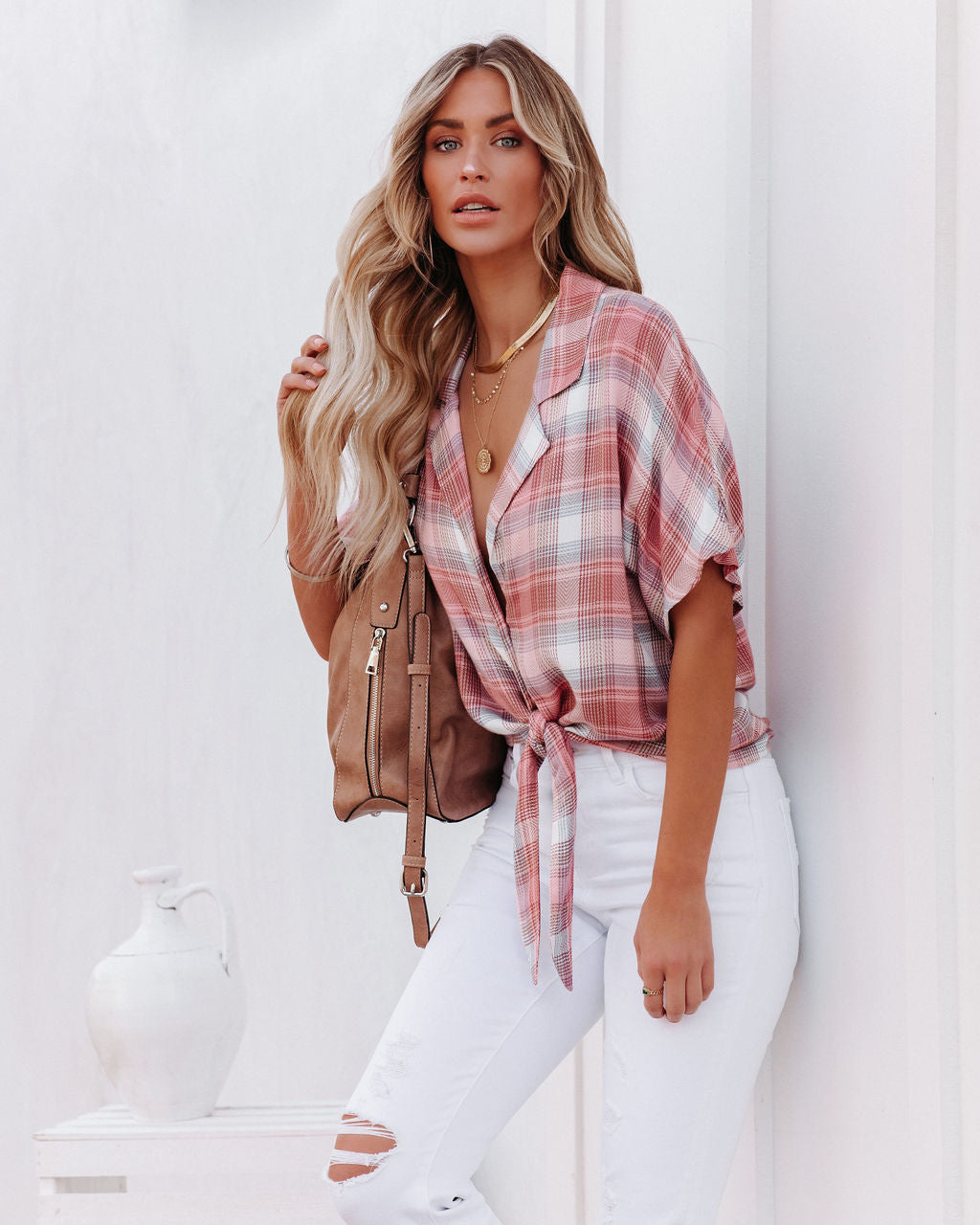 Gaia Plaid Button Down Tie Top - Blush - SALE