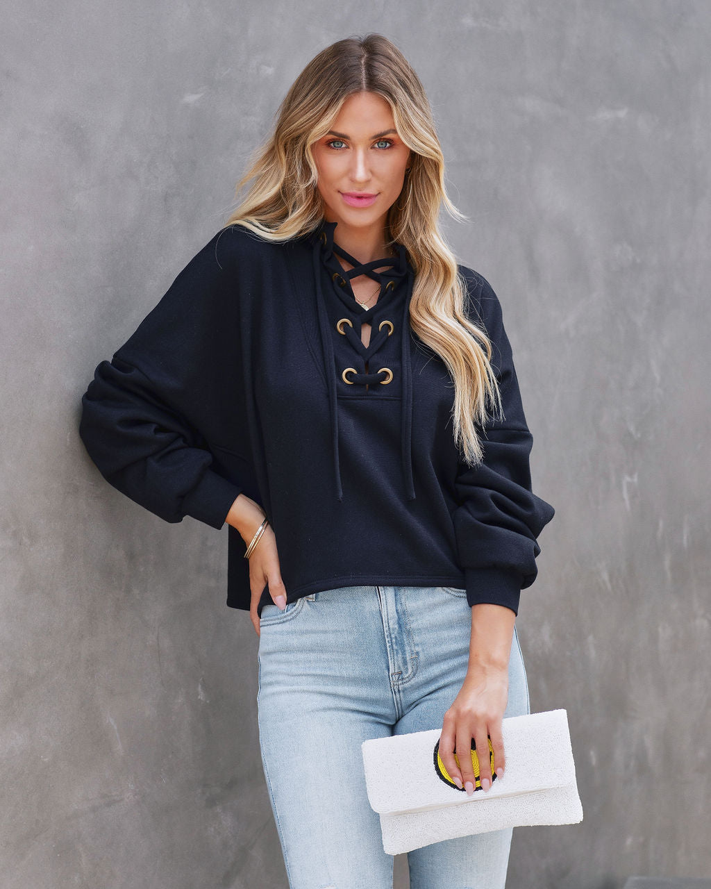 Savannah Lace Up Hooded Pullover Sweater - Black - FINAL SALE