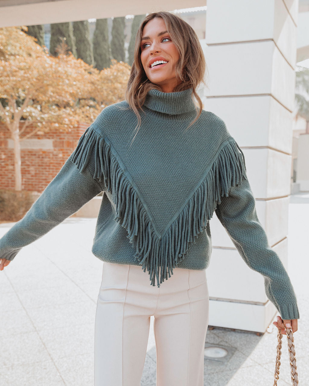 Annie Knit Fringe Turtleneck Pullover Sweater - Dusty Sage