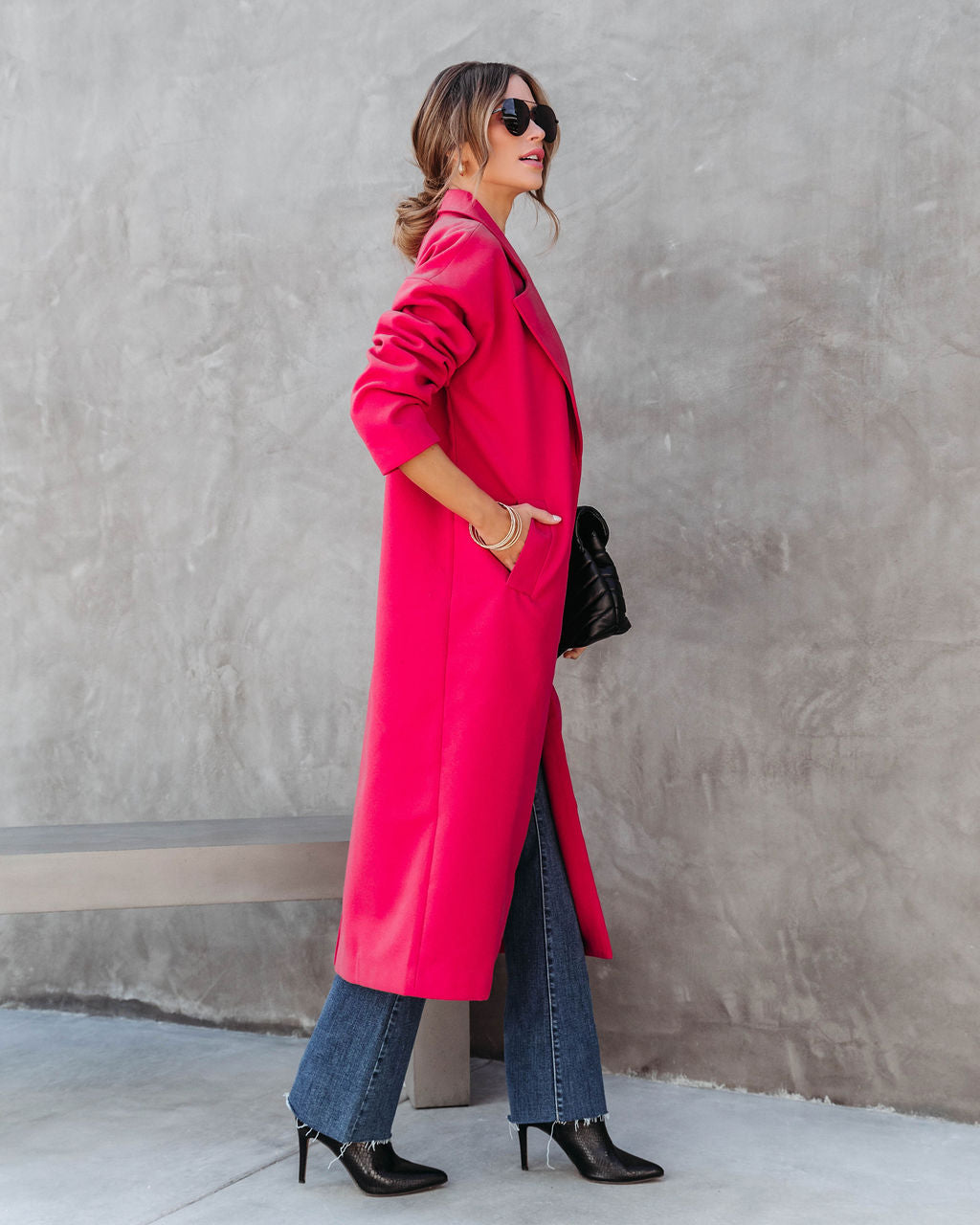 City Night Vibes Pocketed Coat - Fuchsia