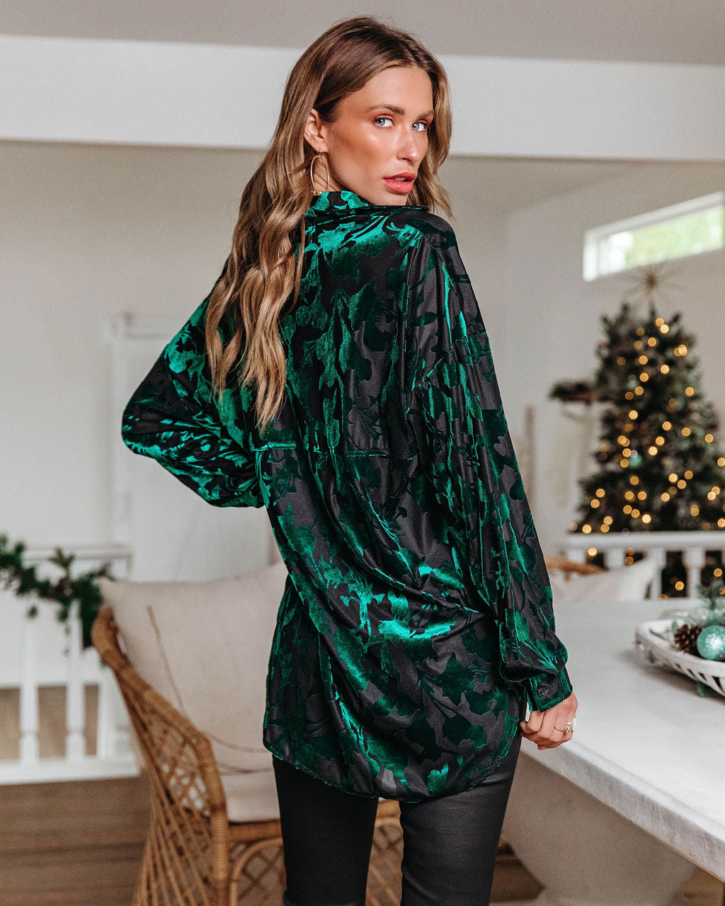 Tracy Burnout Velvet Button Down Top - Green