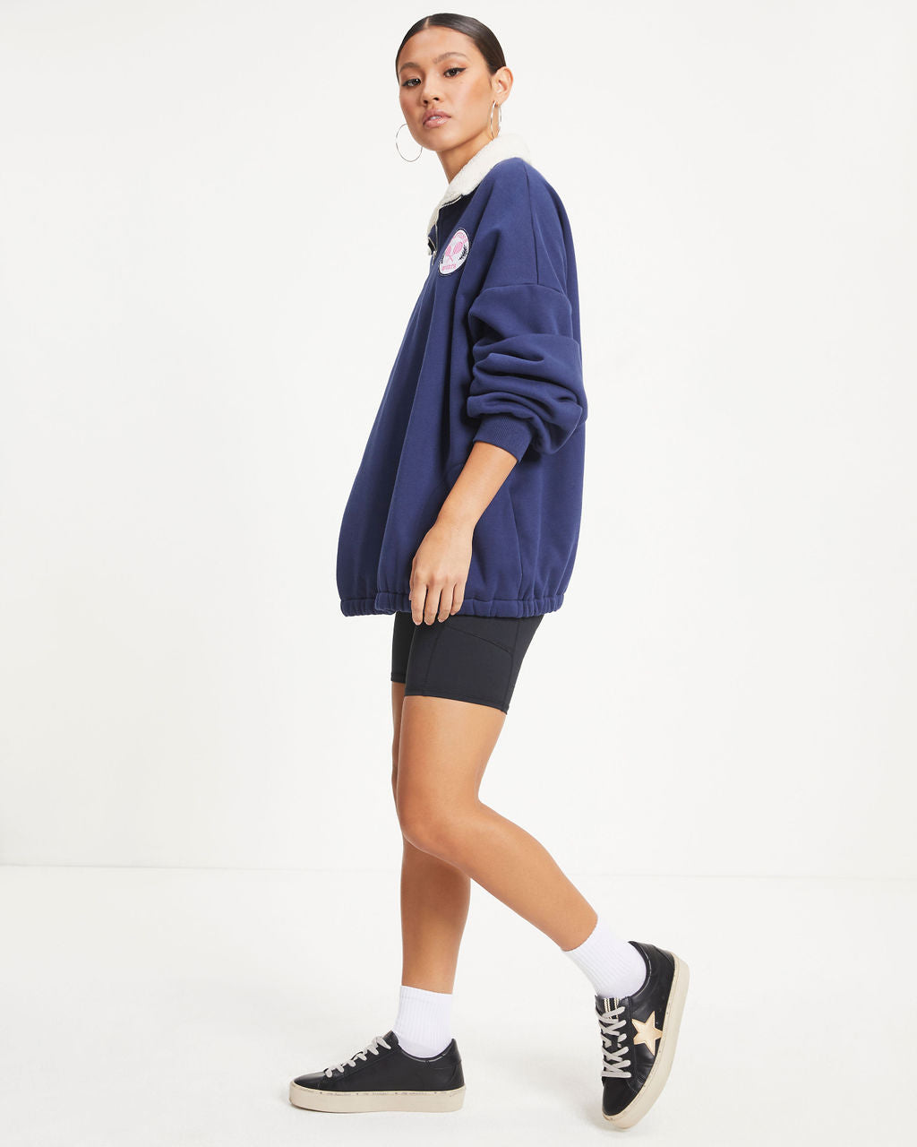 Hamptons Sports Half Zip Sherpa Trim Pocketed Pullover Sweater - Navy