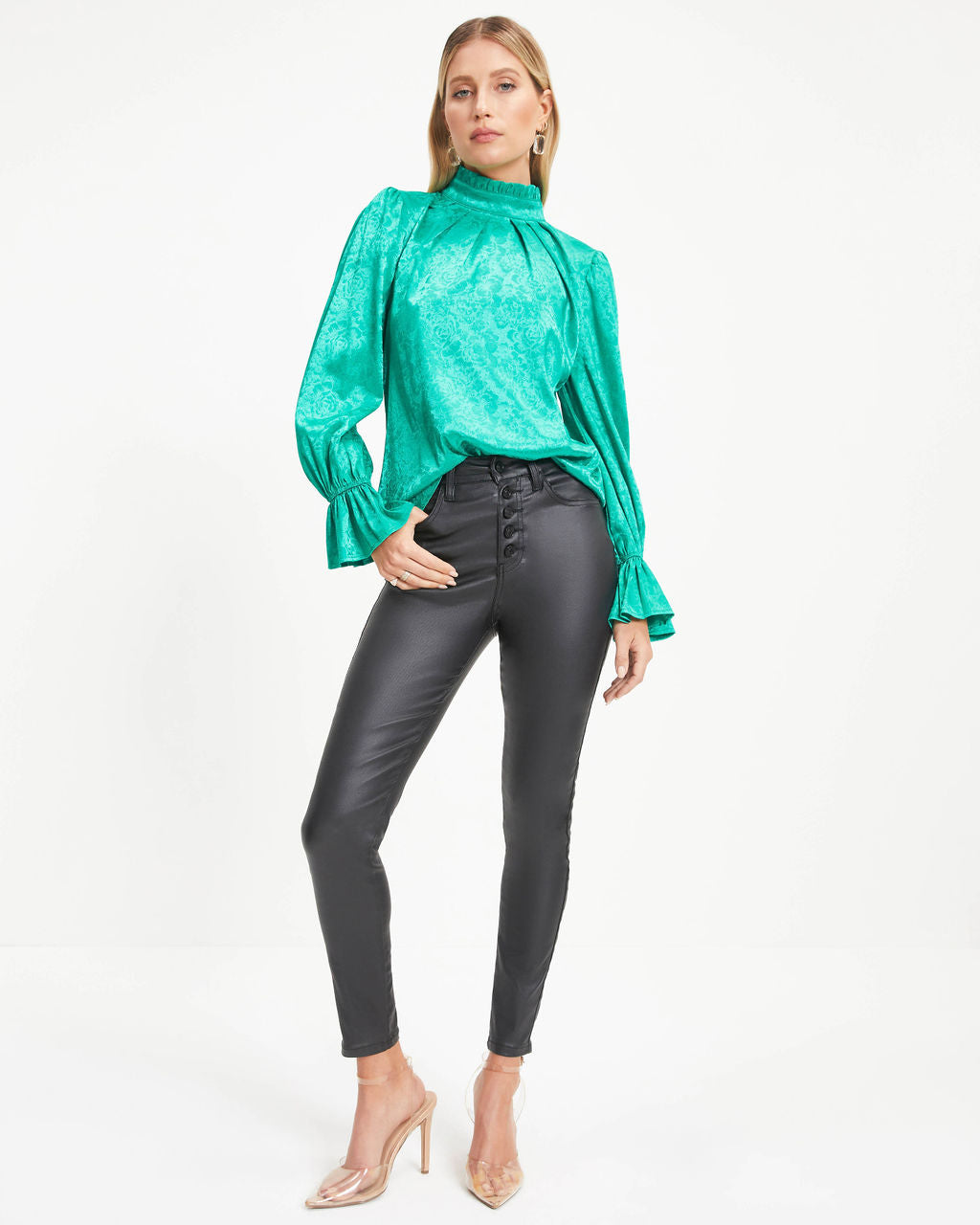 Counting Blessings Floral Mock Neck Ruffle Top - Emerald