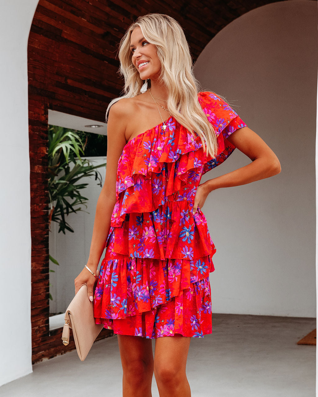 Vallis One Shoulder Floral Cotton Blend Tiered Mini Dress - FINAL SALE