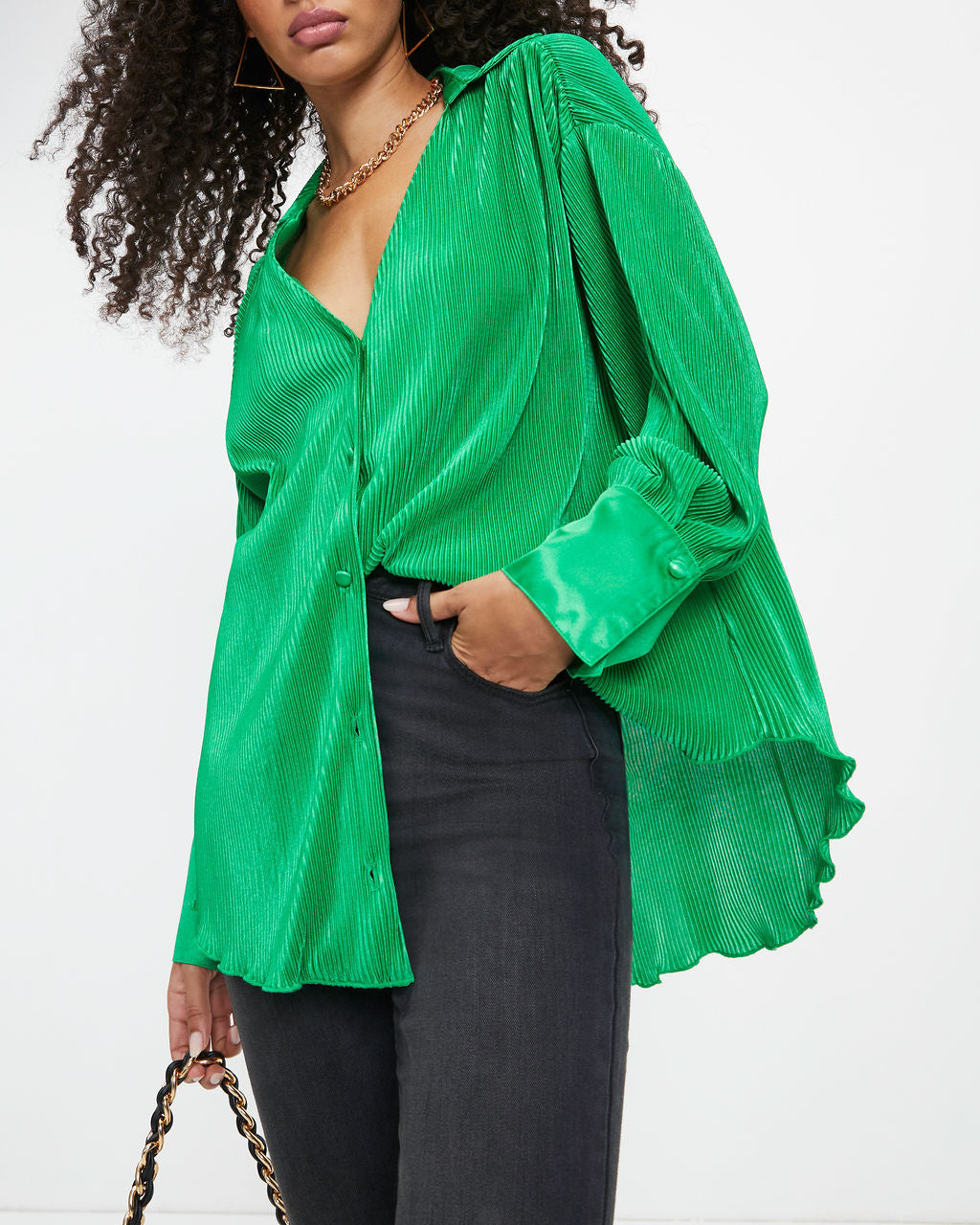 Milan Plisse Button Down Top - Emerald
