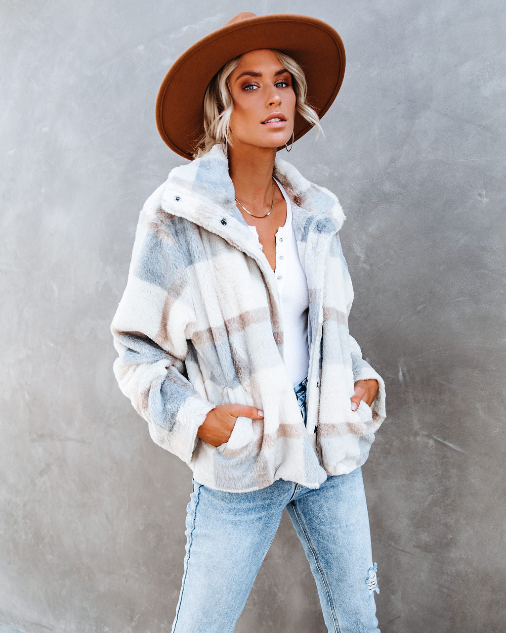 Winter's Tale Pocketed Plaid Faux Fur Jacket