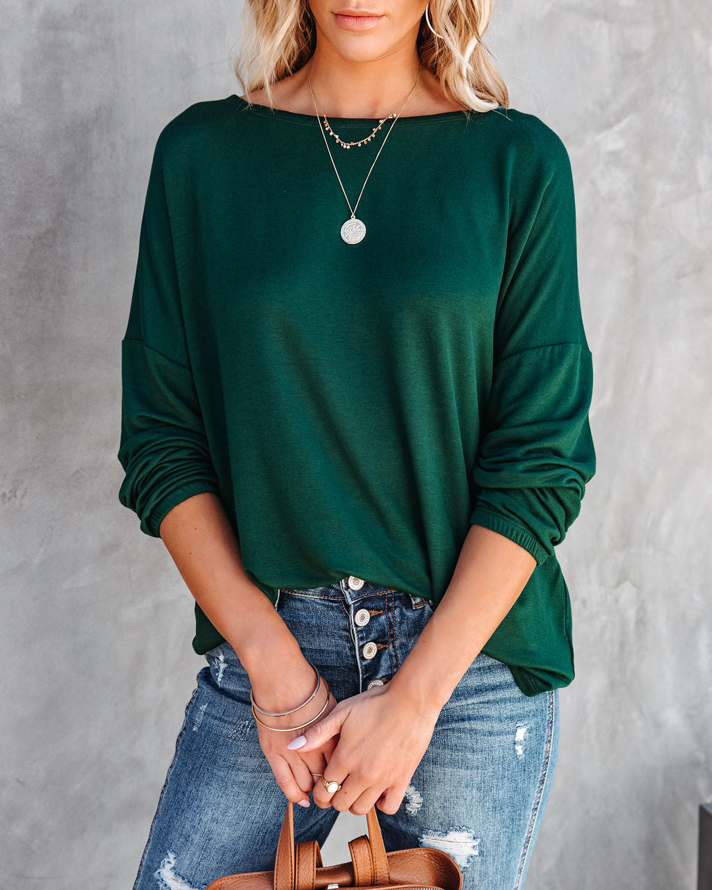 Jenna Boat Neck Long Sleeve Top - Hunter Green