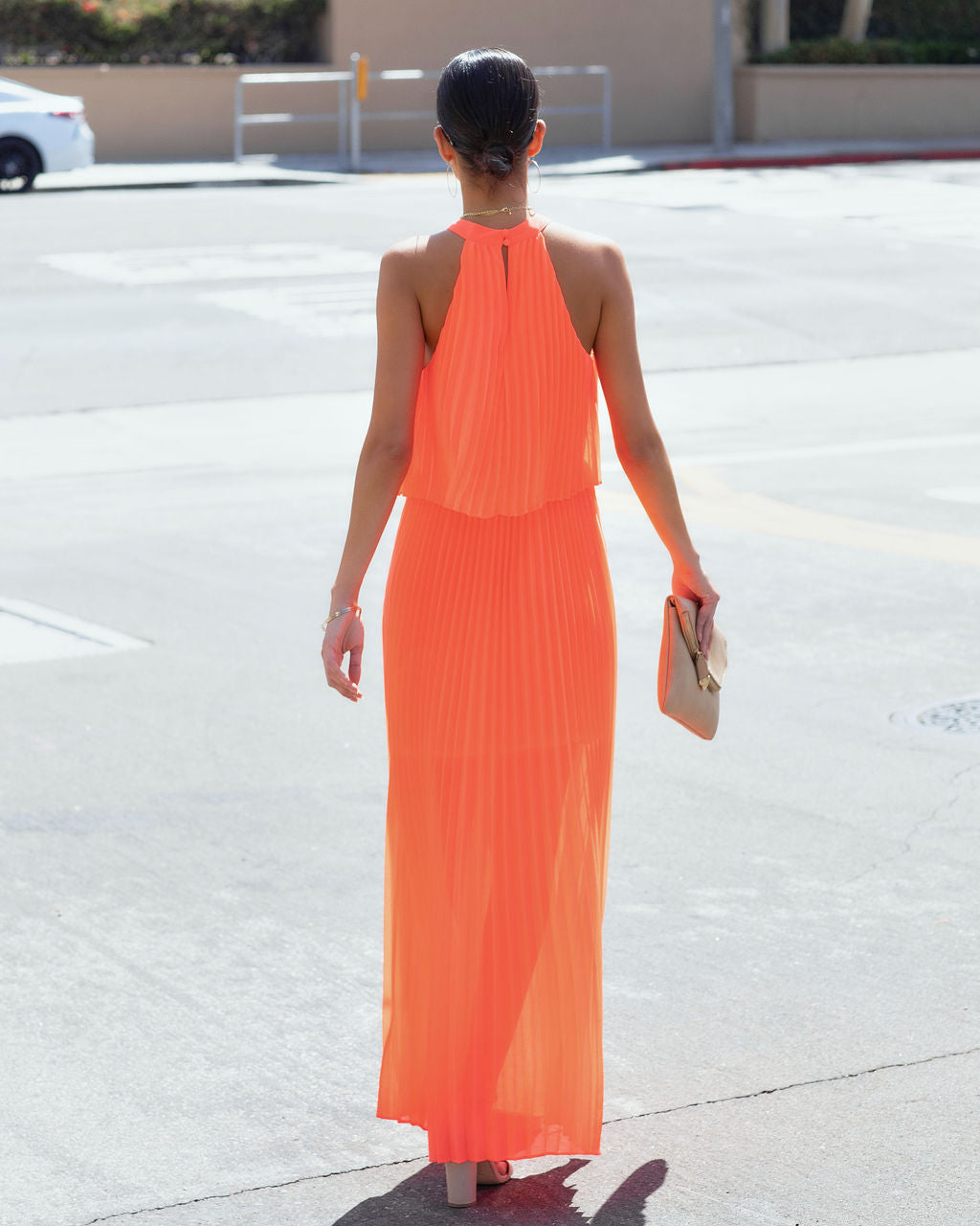 Calixta Halter Pleated Maxi Dress - Neon Orange - FINAL SALE