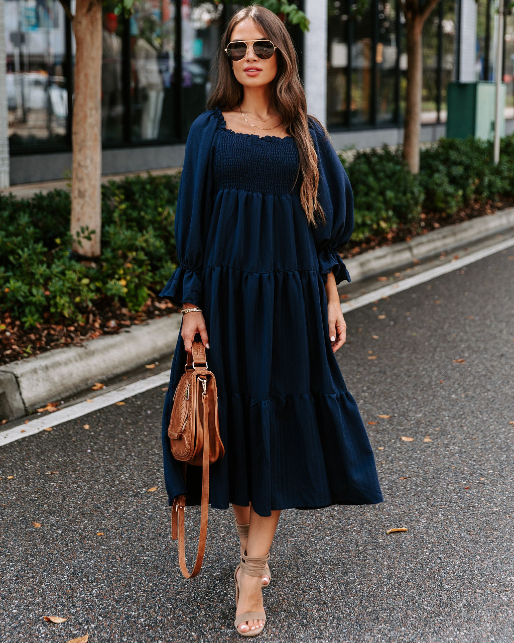 River Pocketed Puff Sleeve Midi Dress - Navy
