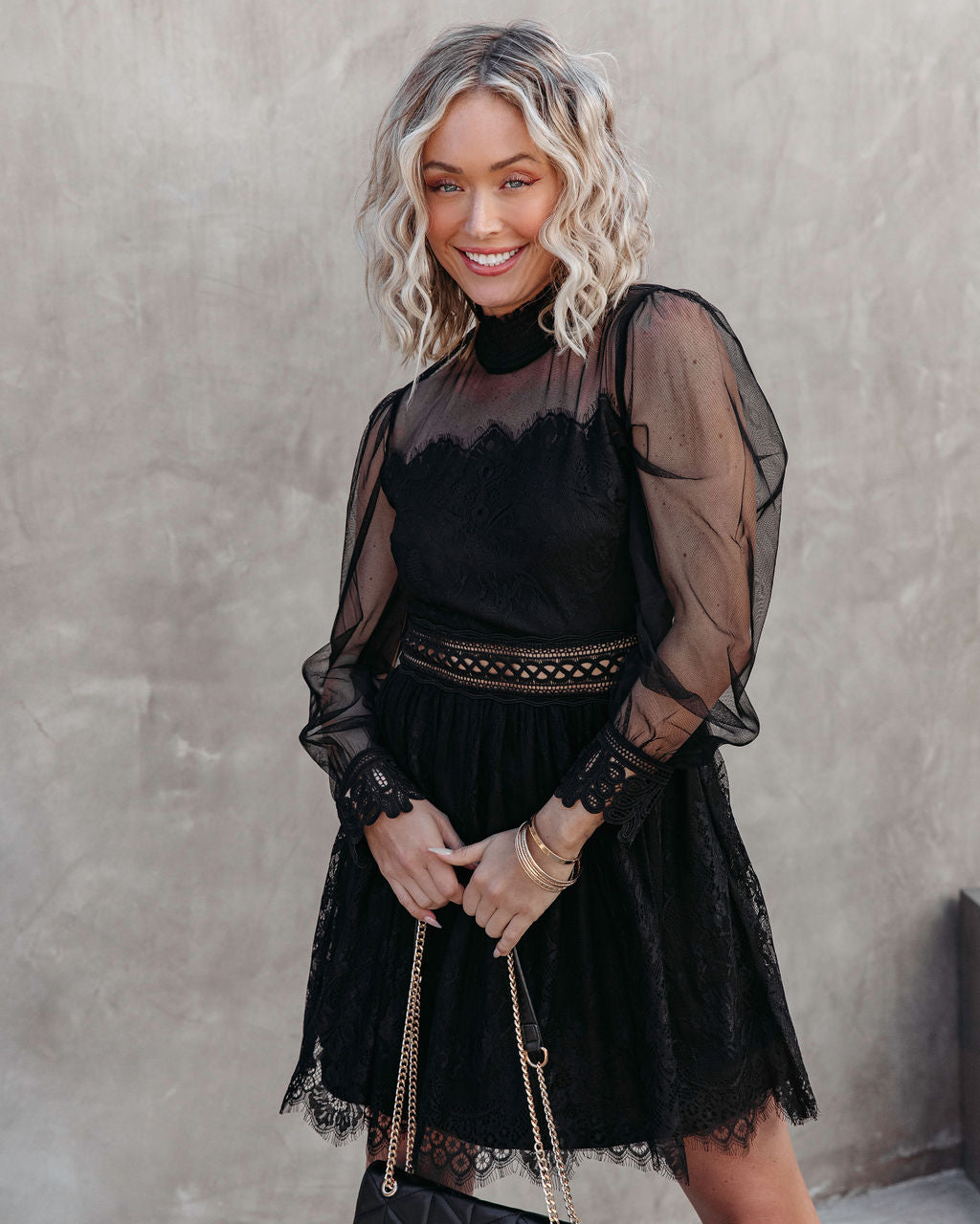 Waldorf Sheer Lace Mini Dress - Black