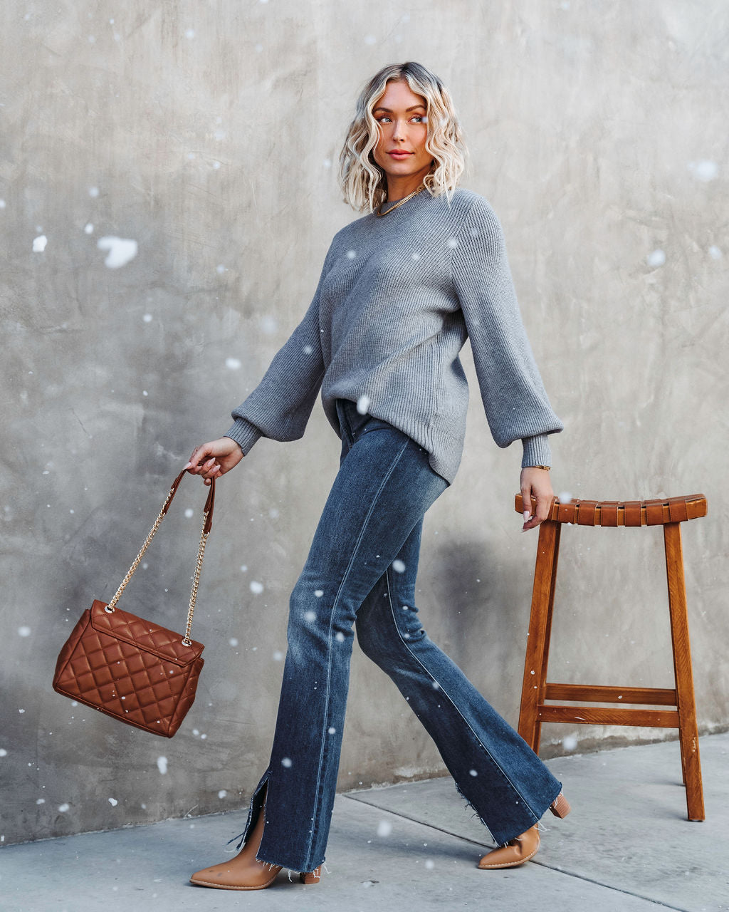 Baby It's You Knit Balloon Sleeve Pullover Sweater - Heather Grey