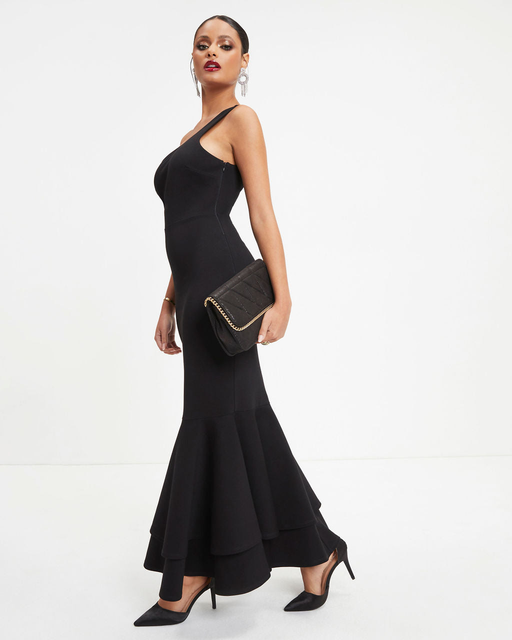 Ariella One Shoulder Tiered Trumpet Maxi Dress - Black