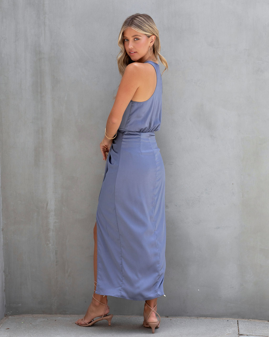 Take Me Away Satin Drape Midi Dress - Light Blue - FINAL SALE