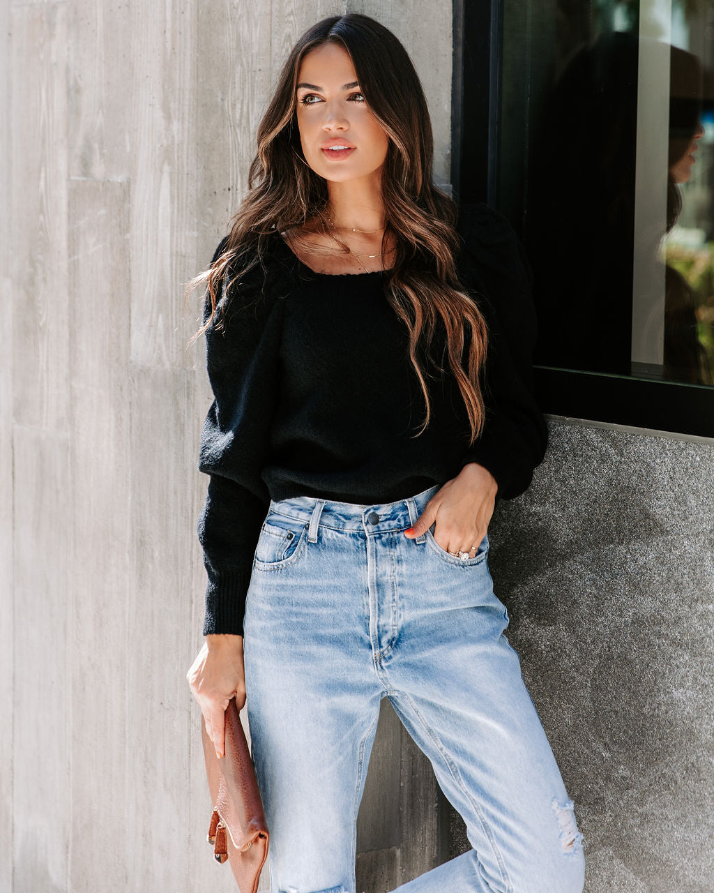 Arianna Knit Puff Sleeve Sweater - Black