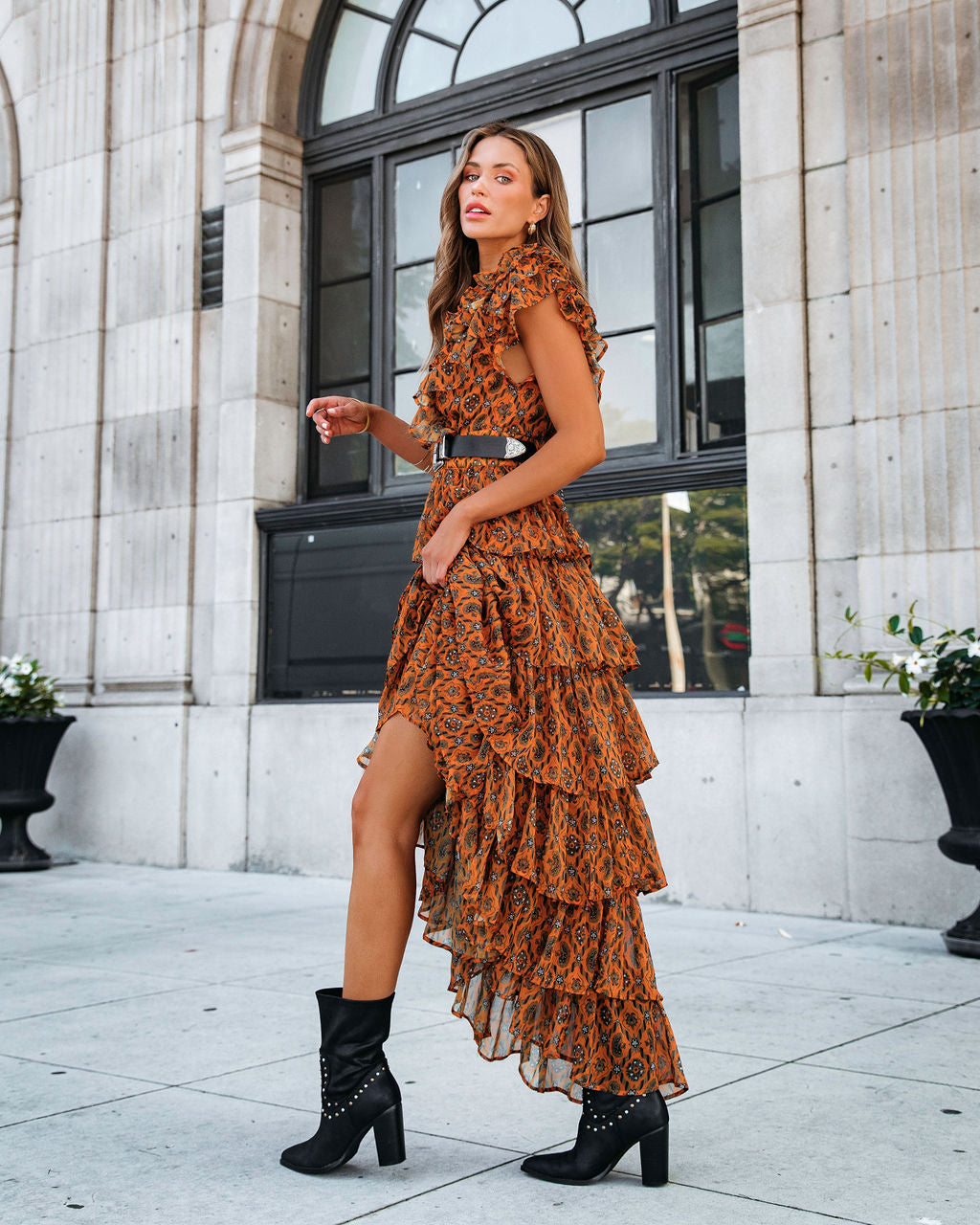 Desert Queen Printed Tiered Belted Maxi Dress