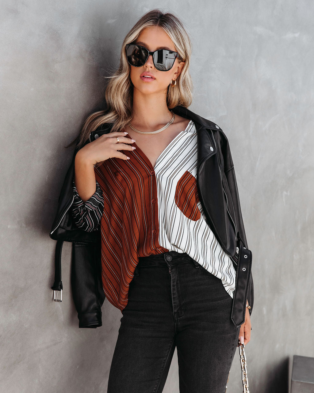 By All Means Striped Coloblock Button Down Top