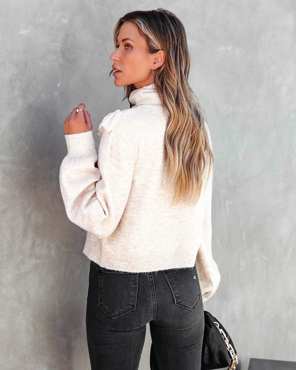 Lyric Ruffle Crop Turtleneck Sweater - Light Grey - SALE