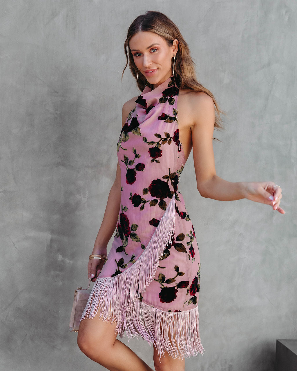 Life Is Beautiful Burnout Velvet Halter Fringe Mini Dress - Mauve