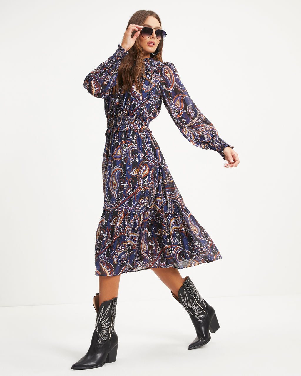 Renn Paisley Ruffle Smocked Midi Dress