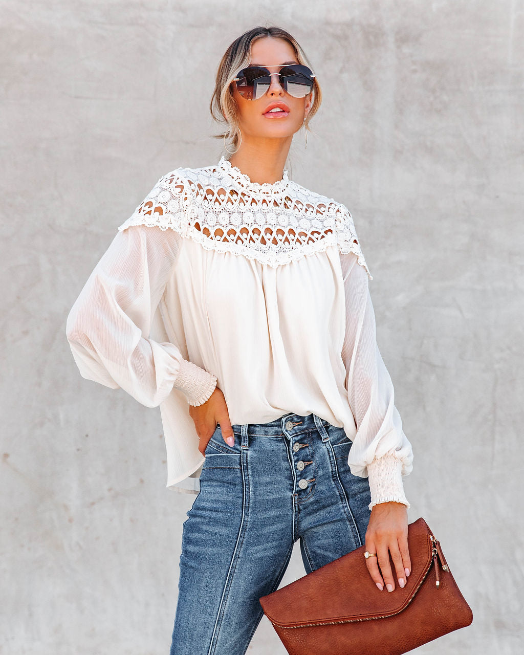 Wild As The Wind Crochet Lace Chiffon Top - Cream - SALE