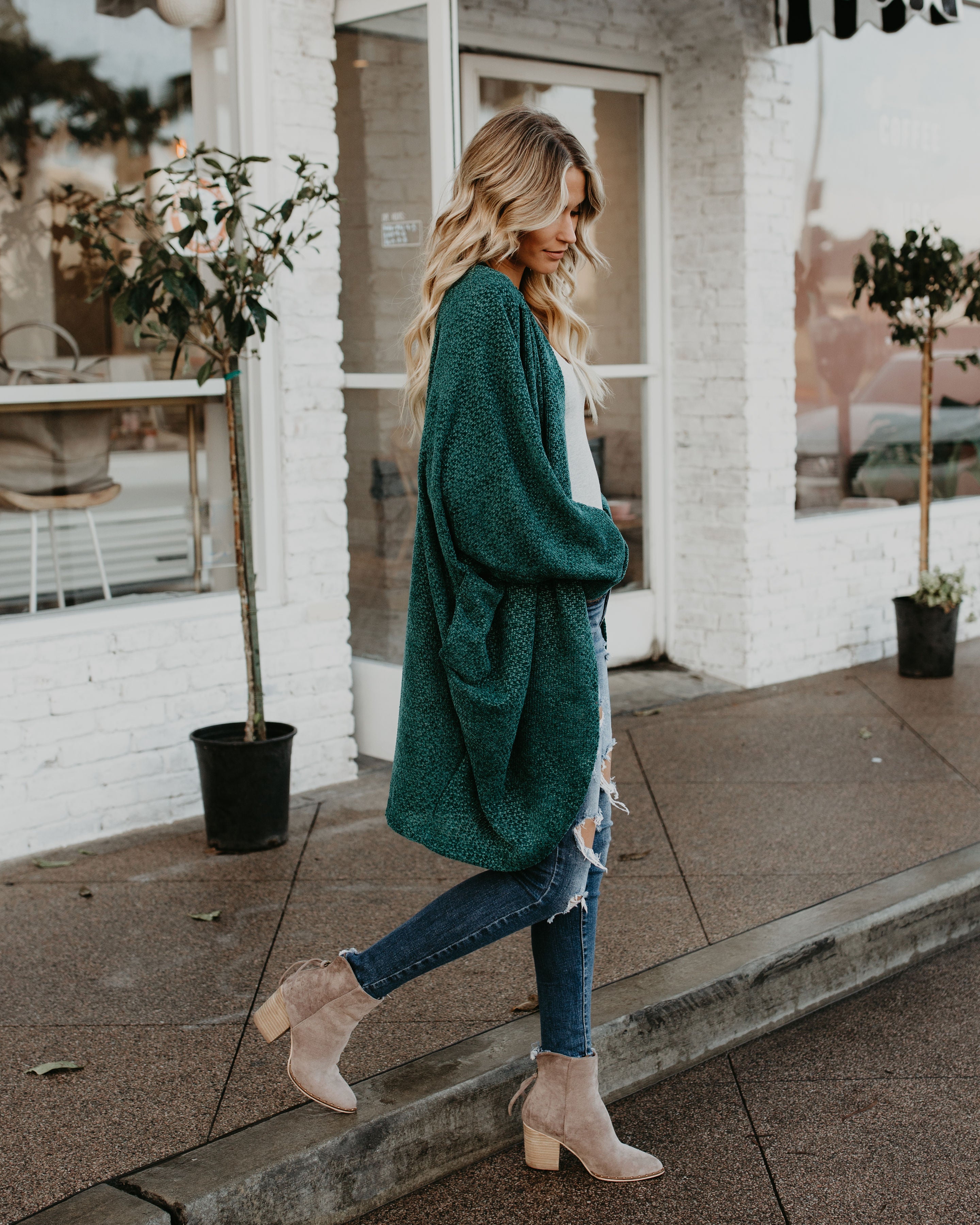 Holiday Spirit Chenille Pocketed Dolman Cardigan - Pine Tree