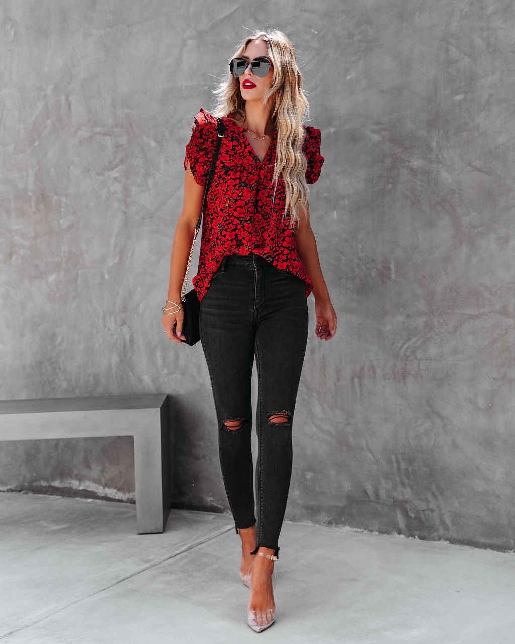 Poppy Fields Ruffle Sleeve Top - Red