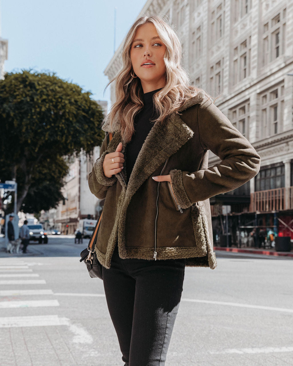 Earhart Pocketed Faux Suede Jacket - Olive