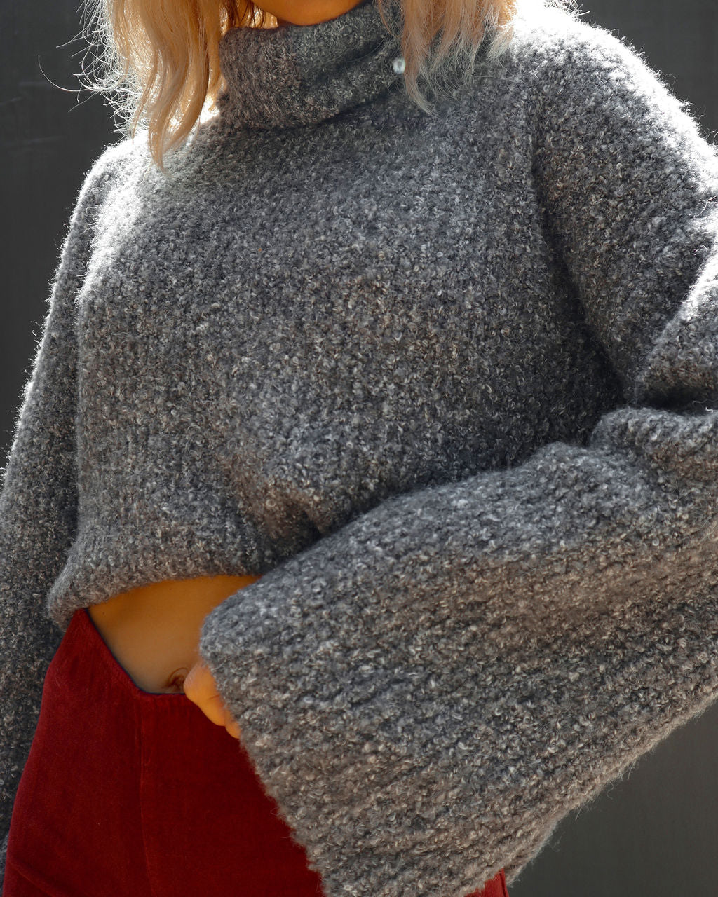 Warmest Wishes Knit Cowl Neck Bell Sleeve Sweater - Grey - SALE