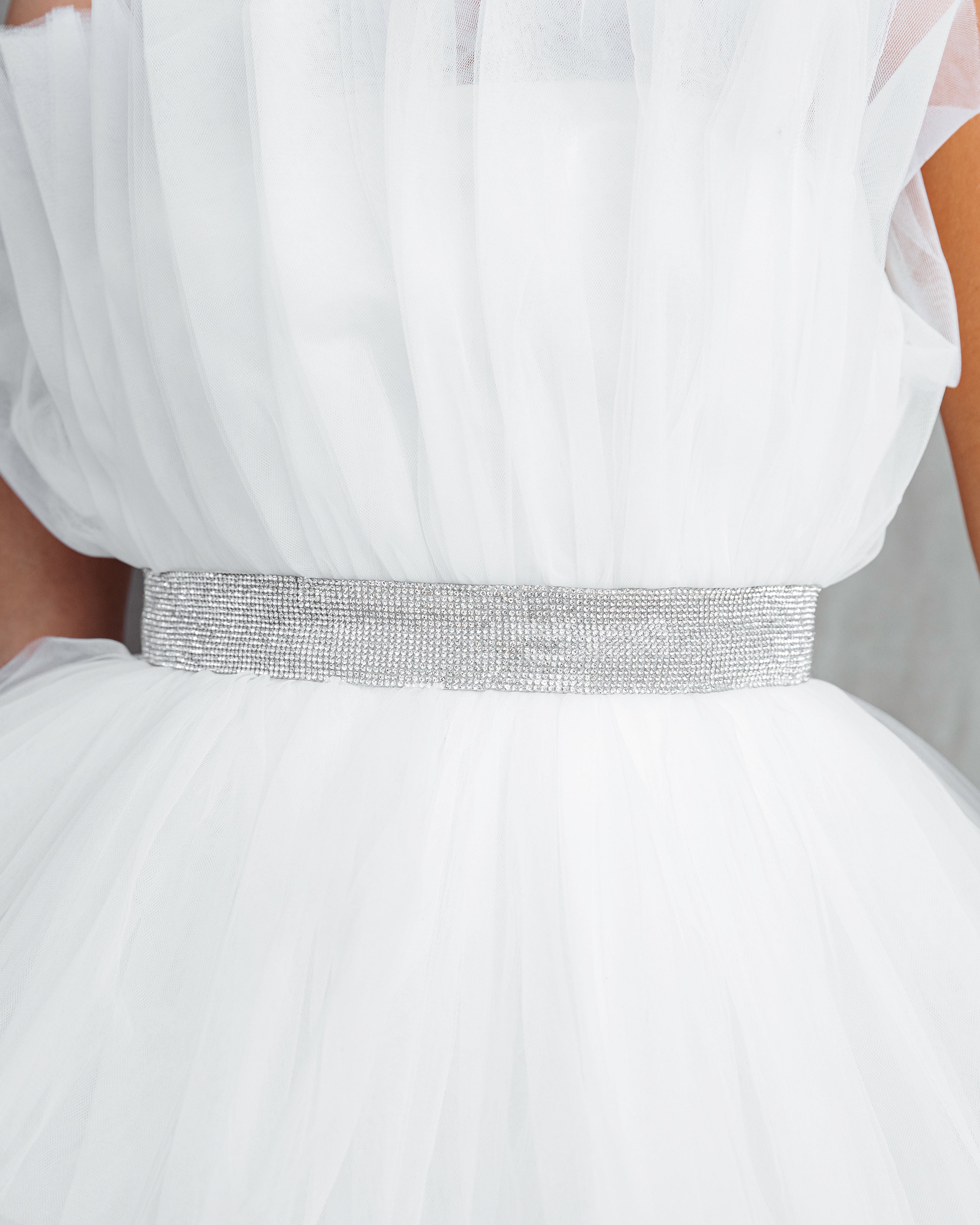 Beauty Queen Strapless Tiered Tulle Embellished Mini Dress - White