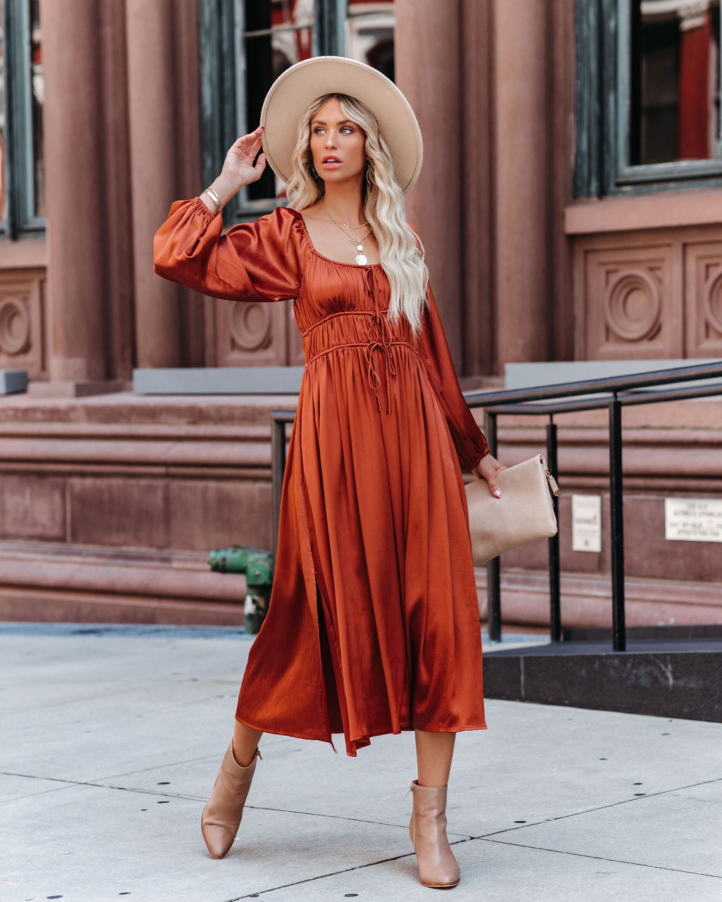 Pines Satin Pocketed Drawstring Midi Dress