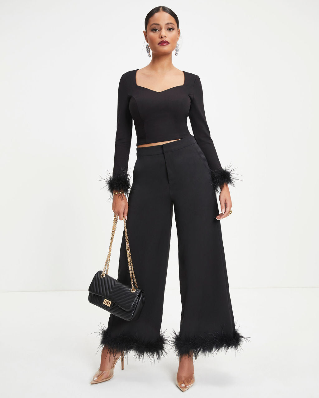 New Lover Feather Trim Long Sleeve Top - Black