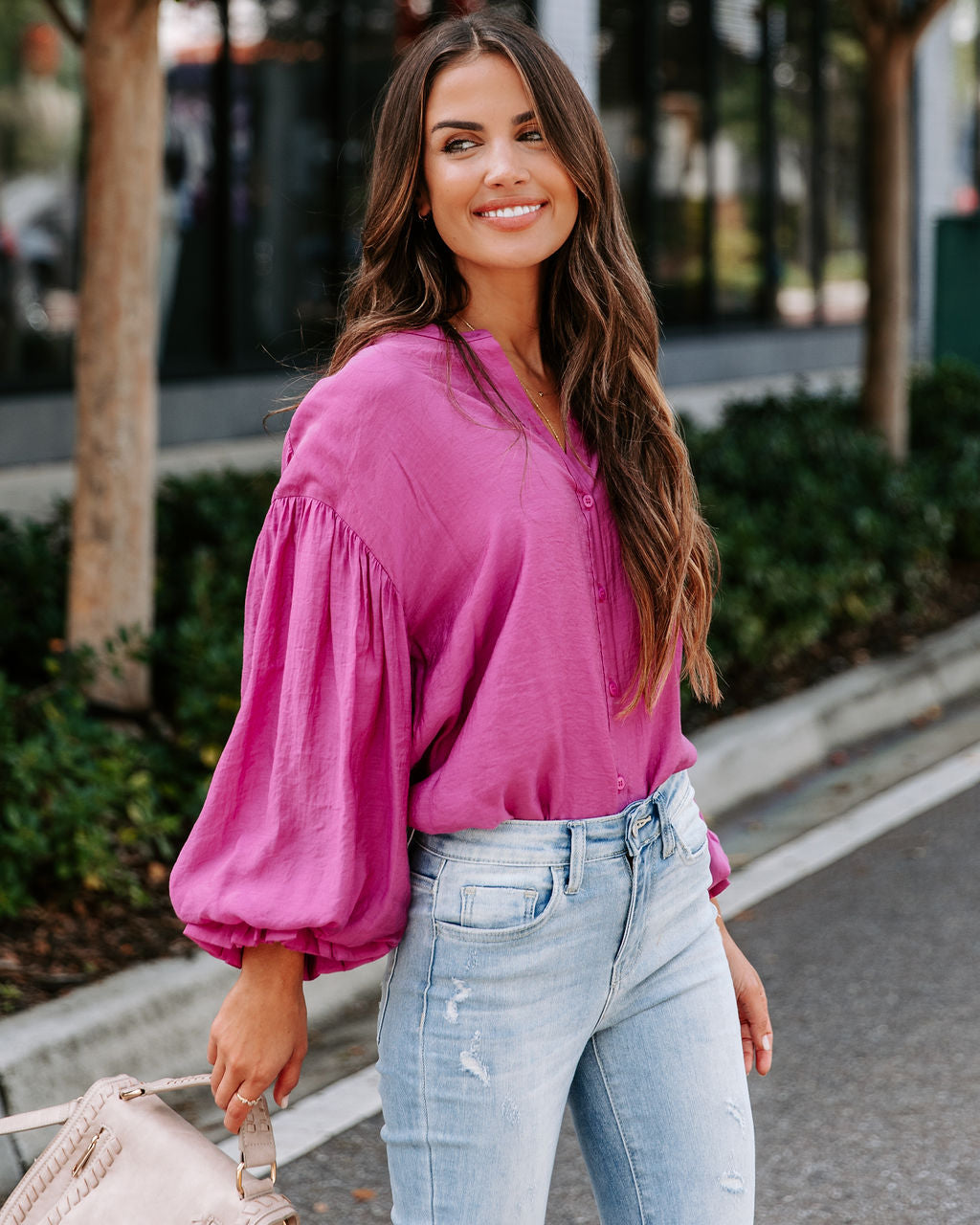 Asher Balloon Sleeve Button Down Top - Magenta - SALE
