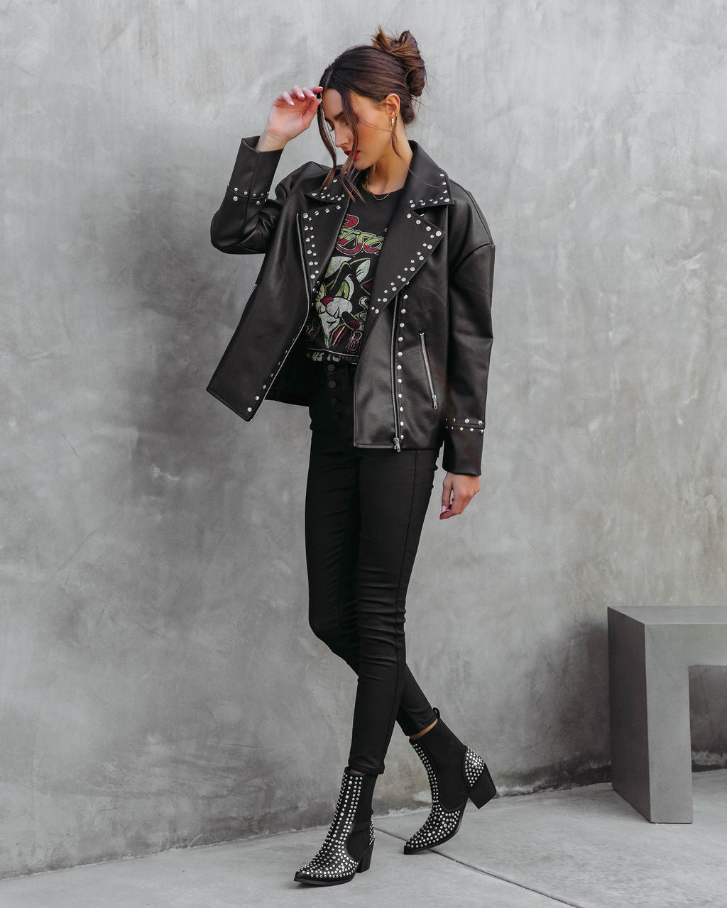 Davidson Faux Leather Pocketed Studded Jacket - Black