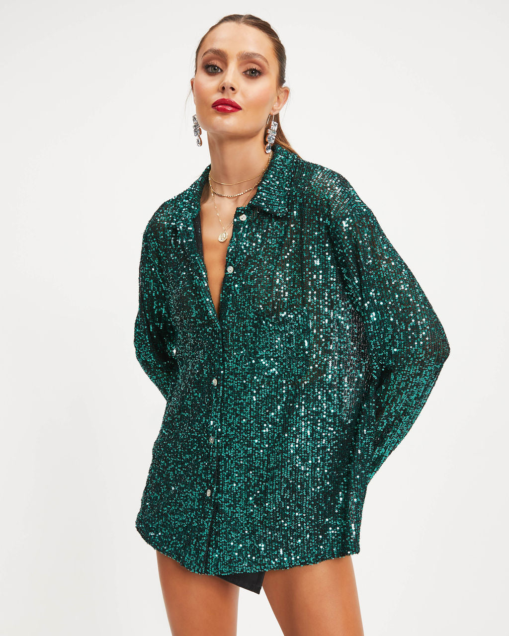 Be A Star Sequins Button Down Top - Emerald