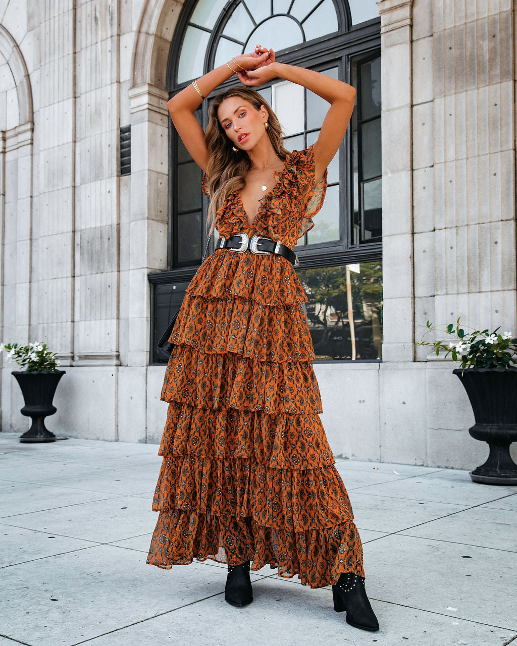 Desert Queen Printed Tiered Belted Maxi Dress