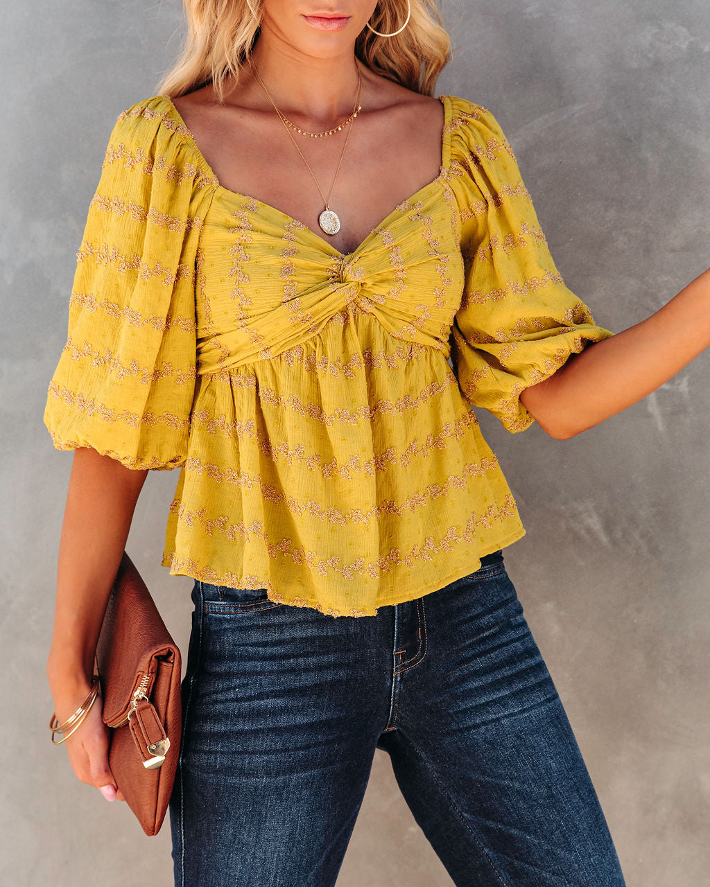 Divine Textured Puff Sleeve Top - Mustard - SALE