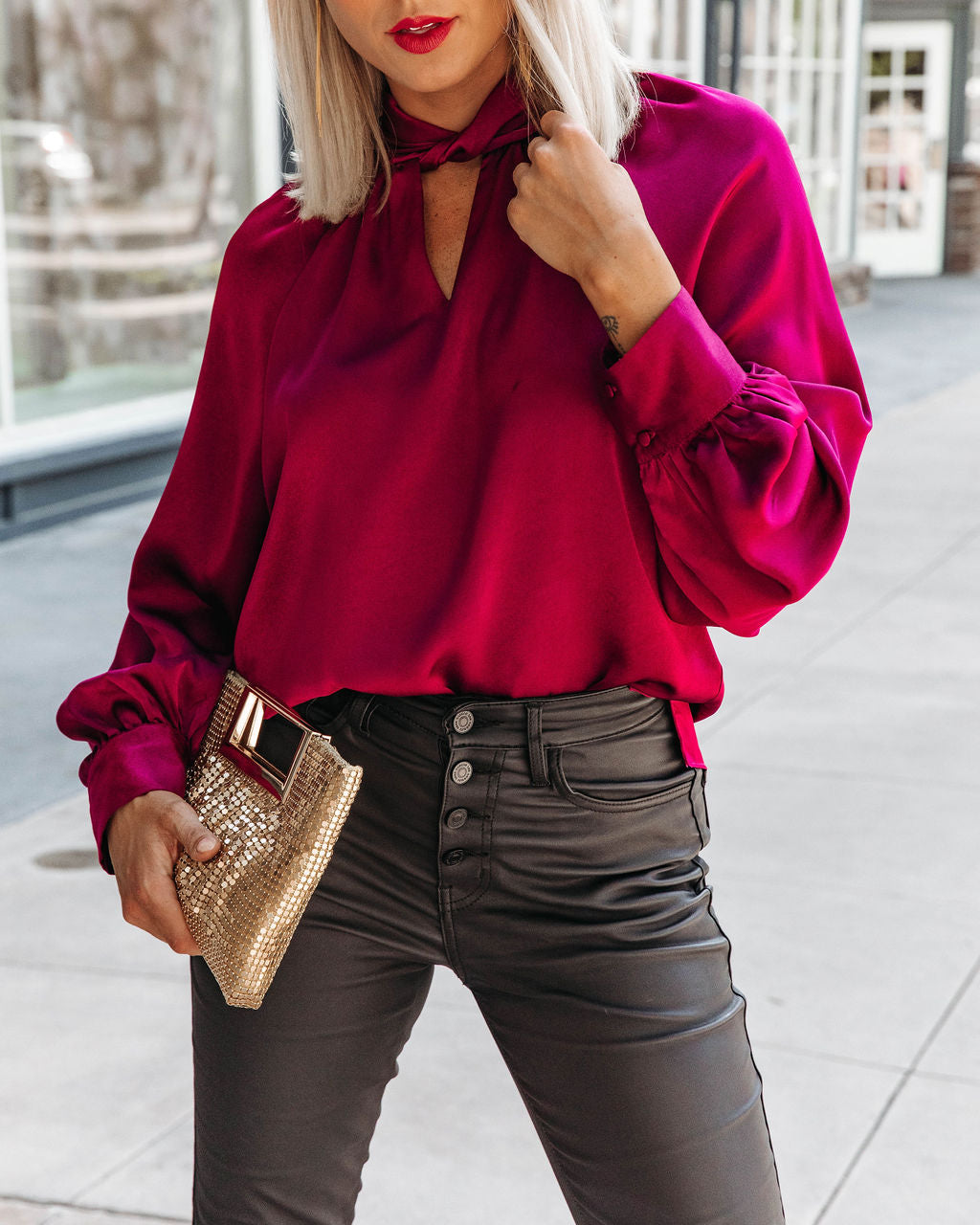 Overall Gratitude Satin Balloon Sleeve Top - Wine