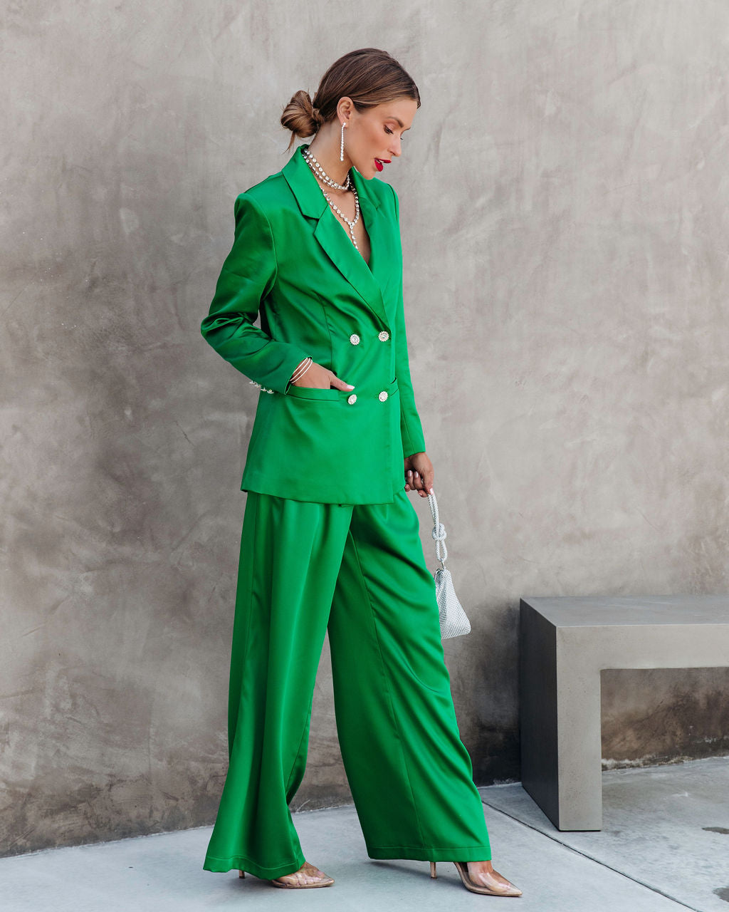 Sensational Queen Satin Embellished Pocketed Blazer - Emerald