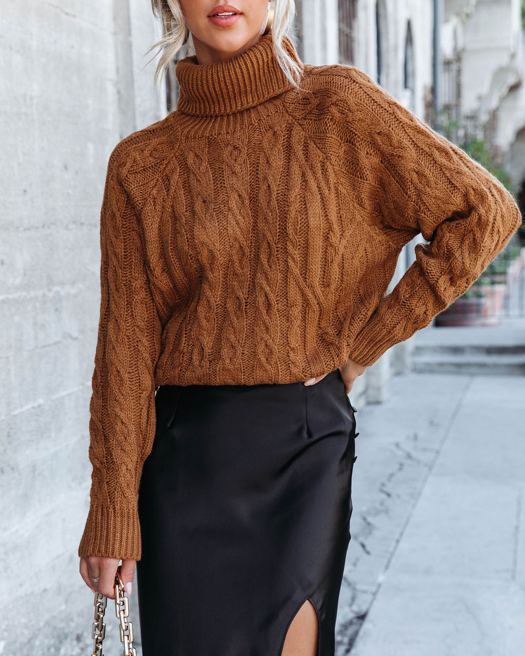Once Upon A Fall Cable Knit Turtleneck Sweater - Camel