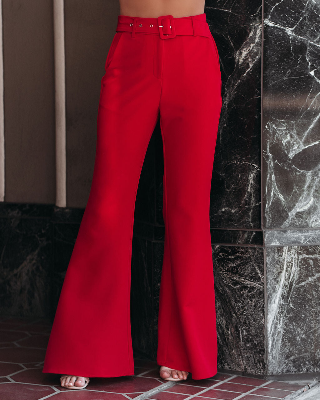 Runway Pocketed Belted Flare Trousers - Red