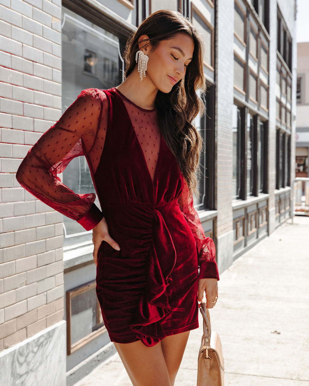 Saint Clara Sheer Velvet Ruffle Mini Dress - Burgundy